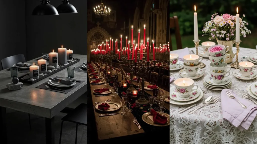 Inspirations de centres de table festifs avec bougies parfumées allumées pour une ambiance lumineuse et chaleureuse.