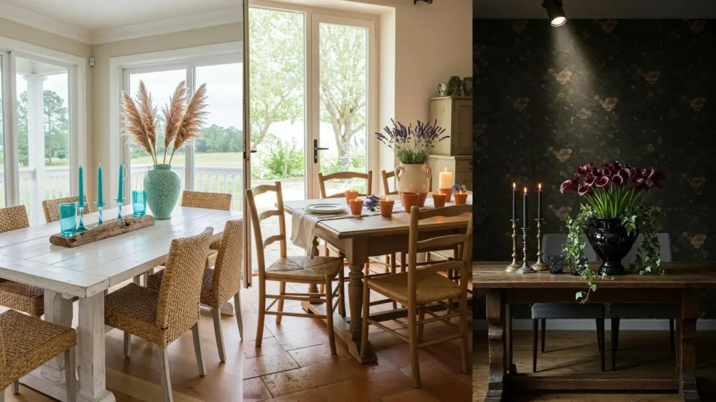 Trois tables rustiques décorées pour un dîner d'automne avec bois vieilli, bougies décoratives et vases en céramique.
