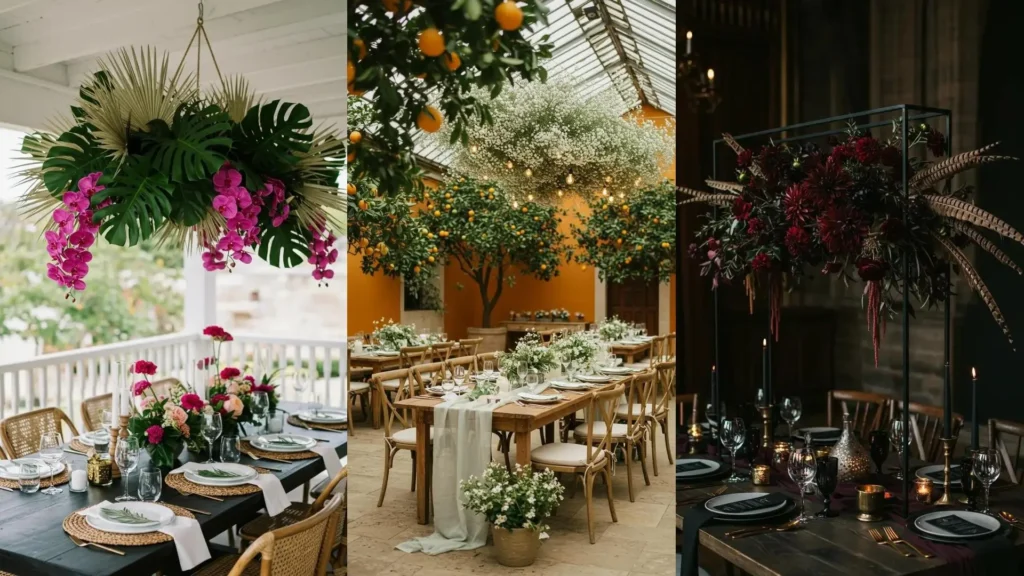 Inspirations de tables de mariage bohèmes : centre floral suspendu, vaisselle artisane et ambiance naturelle.