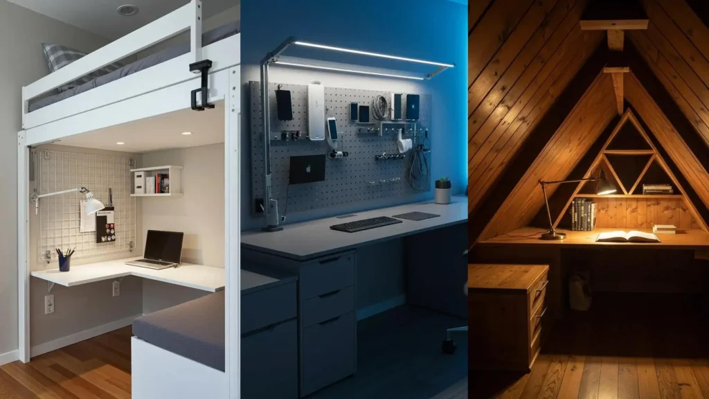 Trois petits bureaux en L optimisés avec rangement vertical et lampes orientables pour une ambiance studieuse.