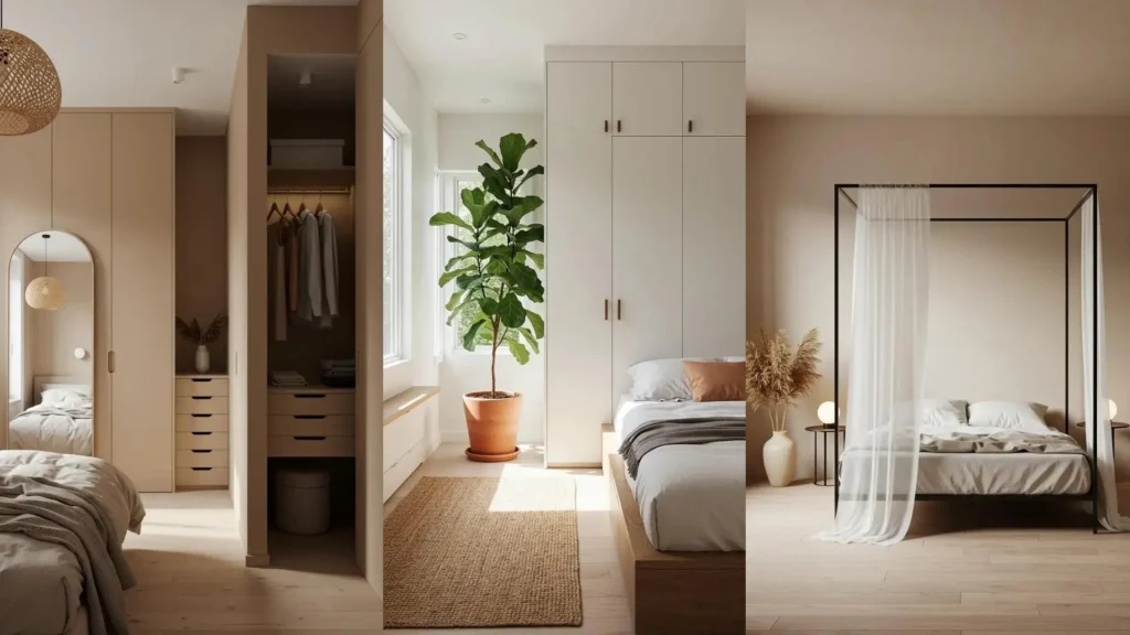 Chambre minimaliste et lumineuse avec palette neutre, rangements intégrés et éclairage doux.