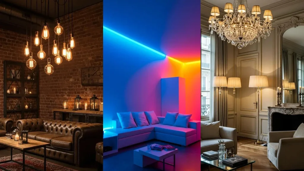 Idées d'éclairage de fête pour salon: ampoules Edison, LED colorées, lustre élégant. Transformez votre intérieur!