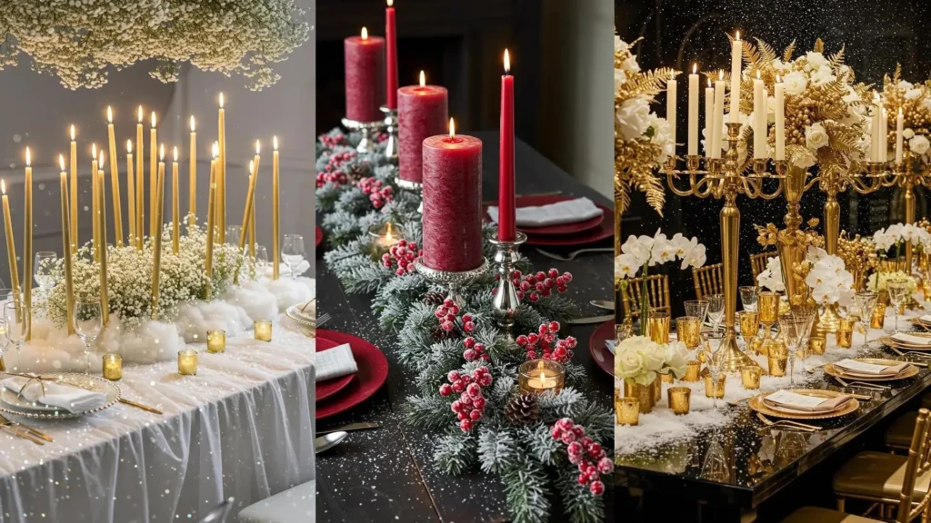 Magnifiques centres de table de Noël avec bougies hautes, compositions florales et neige artificielle pour une ambiance festive.