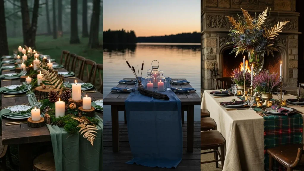 Dîner d'automne avec bougies chaleureuses, feuilles dorées et nappes en lin chic.