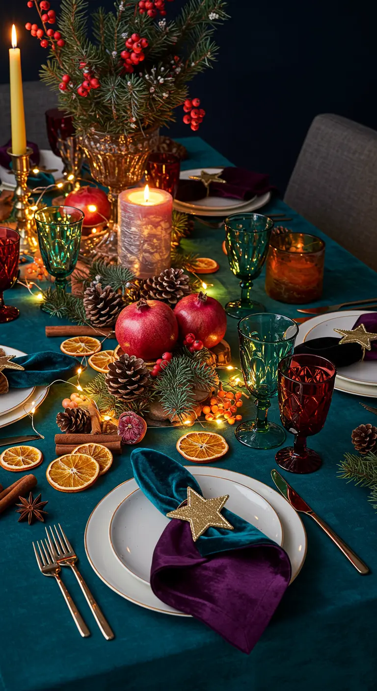 Table colorée avec des grenades, des oranges séchées et des verres texturés.