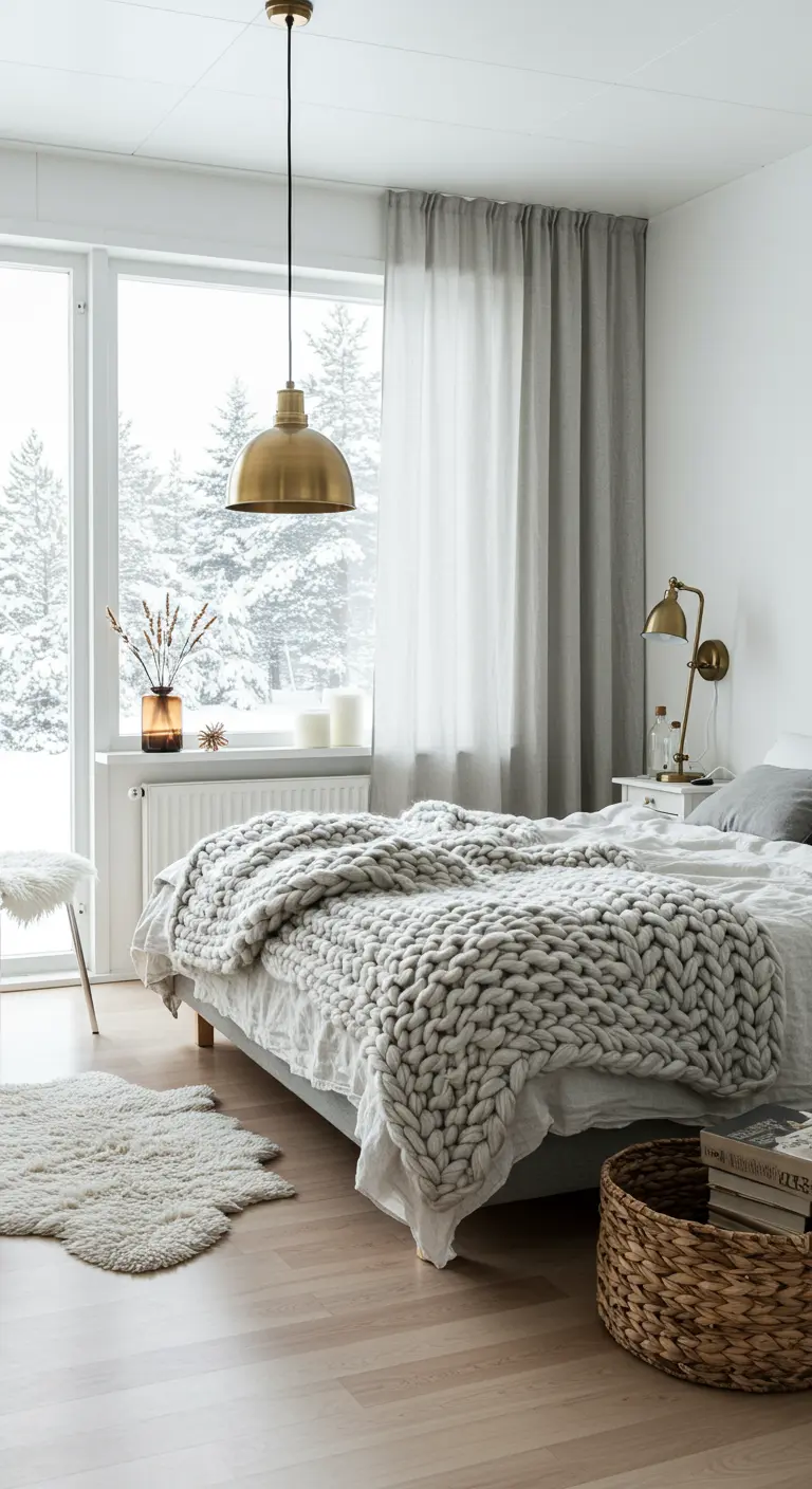 Chambre scandinave avec un grand plaid en grosse maille grise jeté sur le lit.