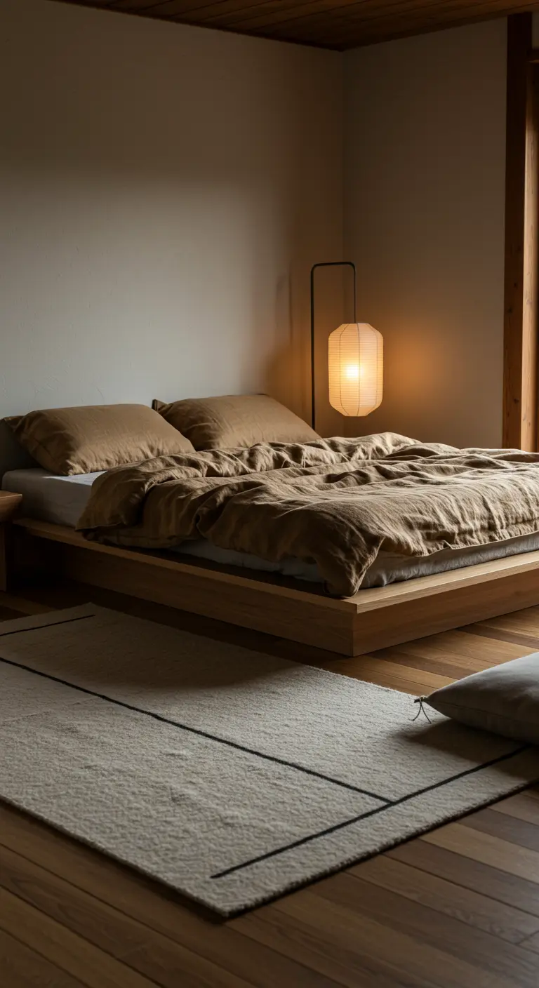 Chambre de style Japandi avec un lit bas en bois, du linge de lit en lin et une lanterne en papier.