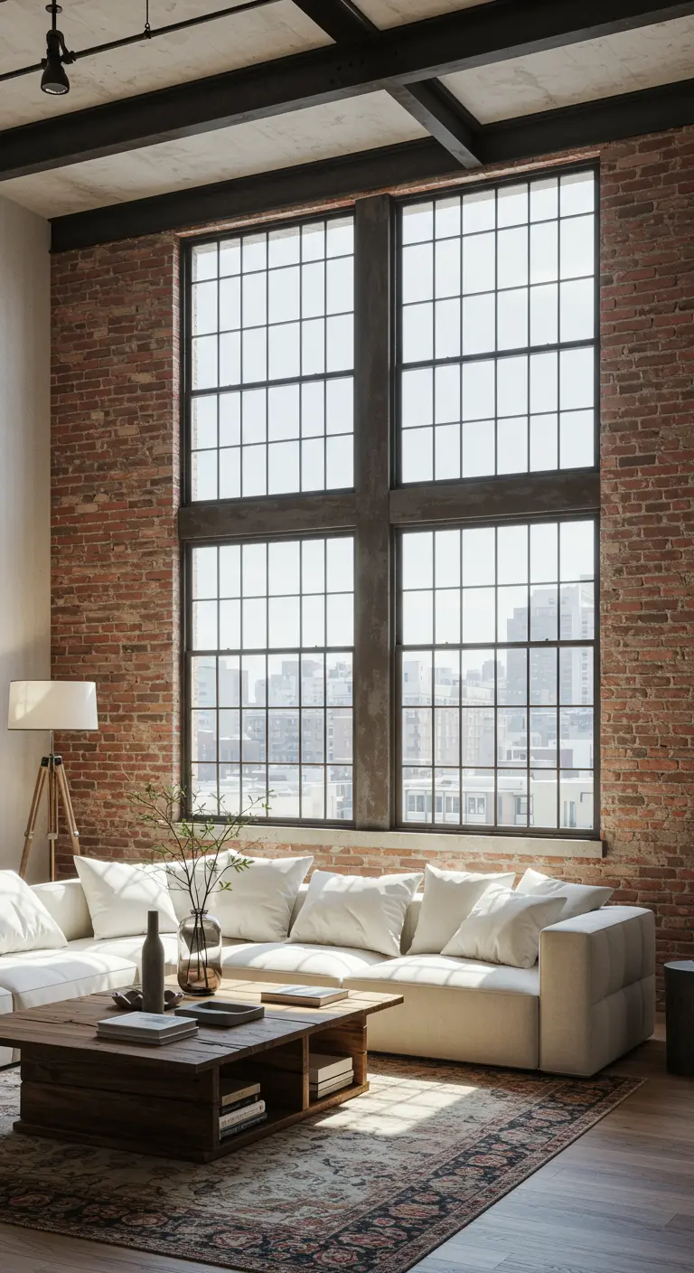 Salon de style loft industriel avec mur de briques et grand canapé blanc