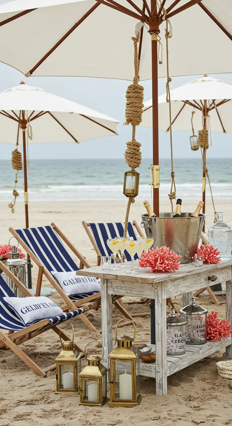 Décoration de plage chic avec des transats bleus, des lanternes en laiton et du corail.