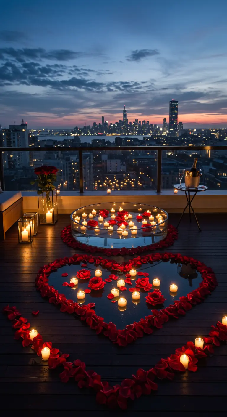 Terrasse avec vue sur la ville, décorée de cœurs de roses et bougies.