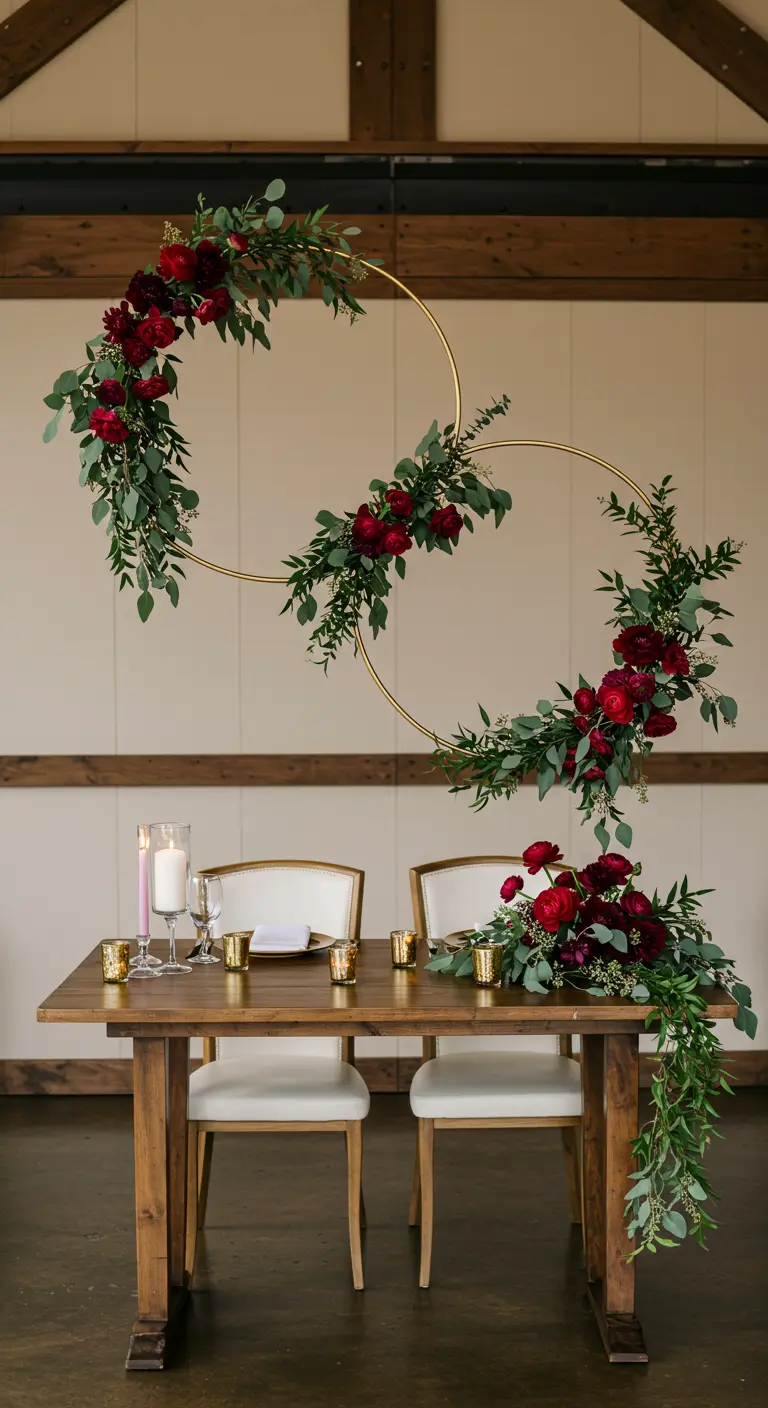 Deux cerceaux dorés suspendus, décorés de fleurs rouges et d'eucalyptus.