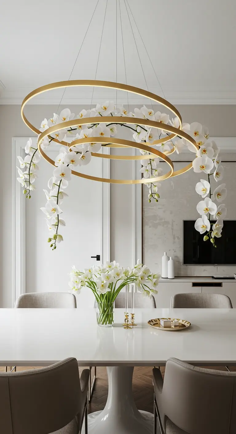 Plusieurs anneaux lumineux dorés suspendus et entrelacés de cascades d'orchidées blanches.
