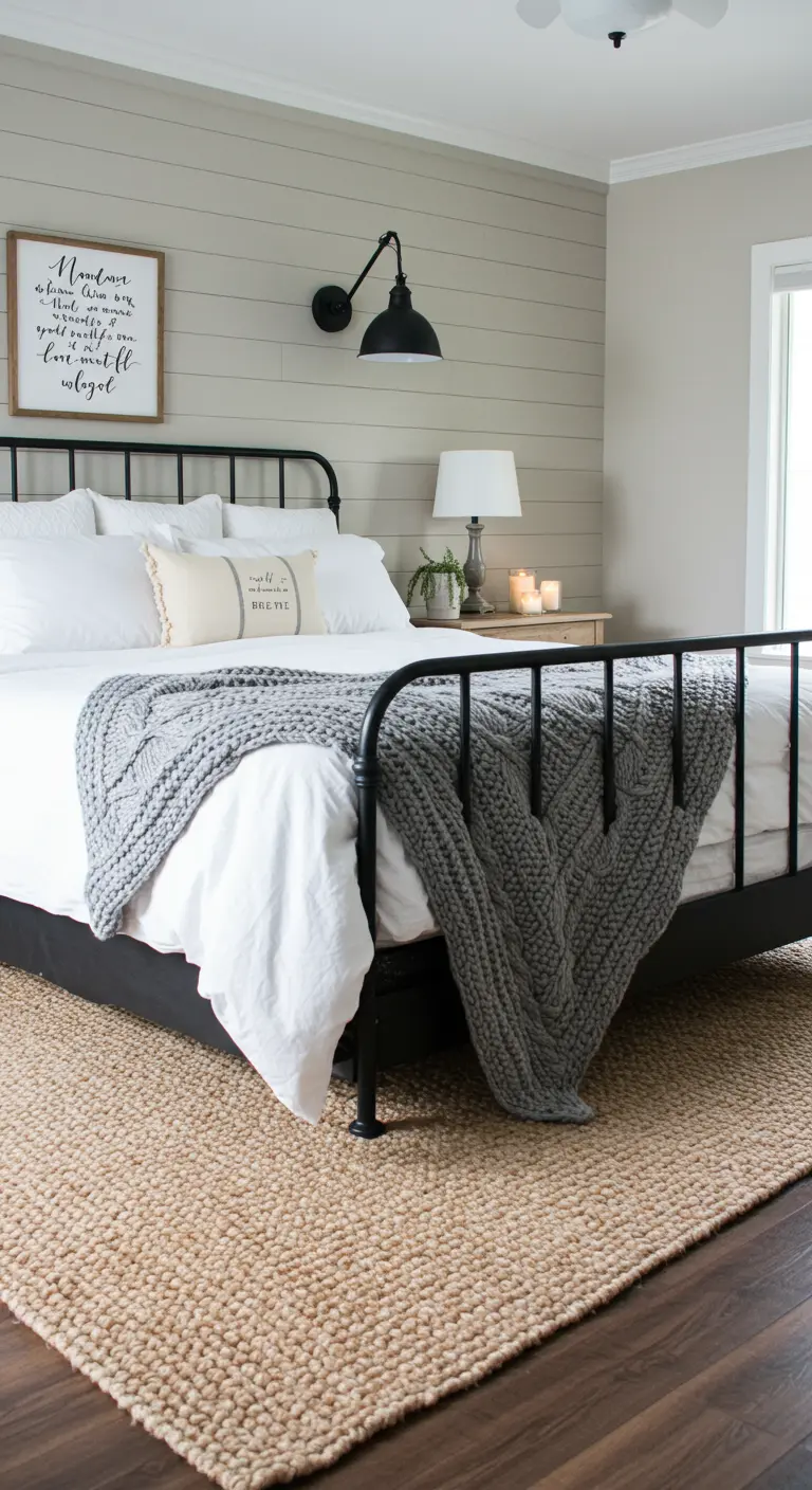 Chambre de style farmhouse avec un lit en métal noir et un grand tapis en jute tressée.