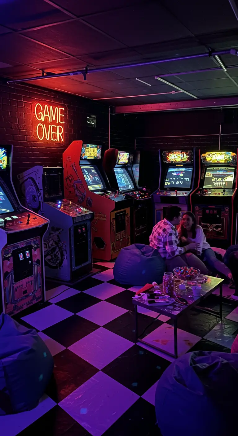 Salle de jeux d'arcade sombre avec un néon rouge « Game Over ».