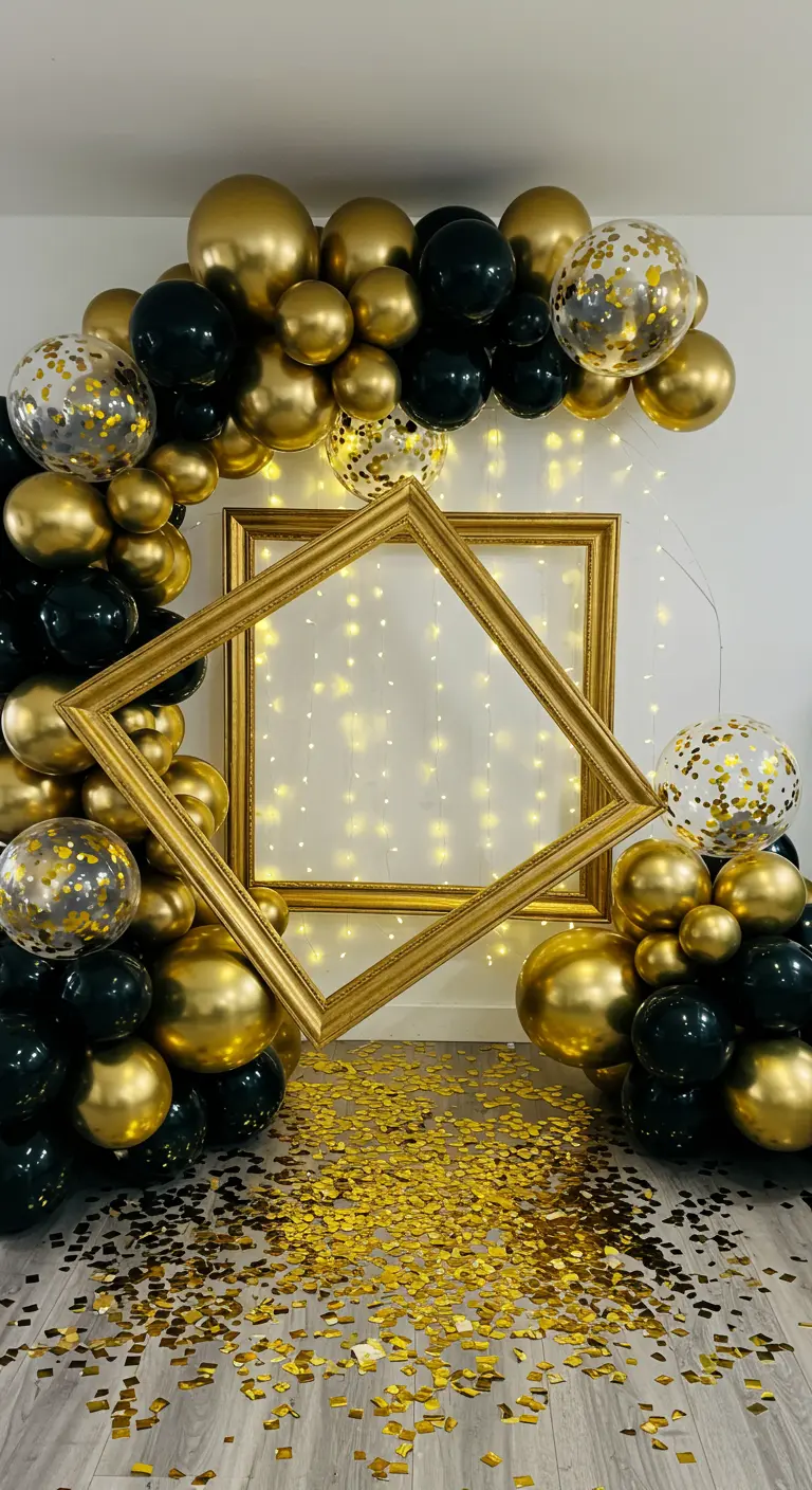 Arche de ballons noirs et dorés avec un grand cadre et des confettis au sol.