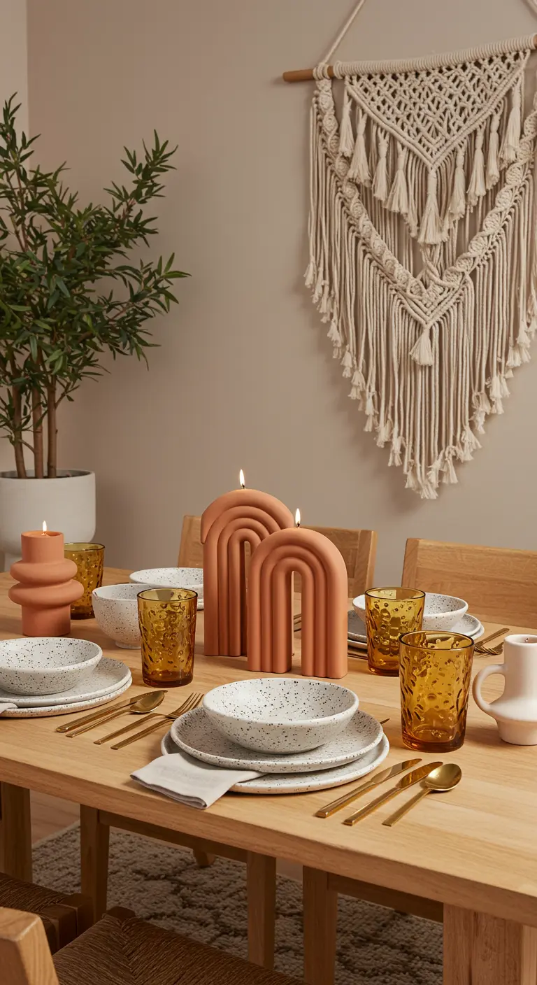 Table en bois de style bohème avec des bougies en forme d'arche couleur terracotta.