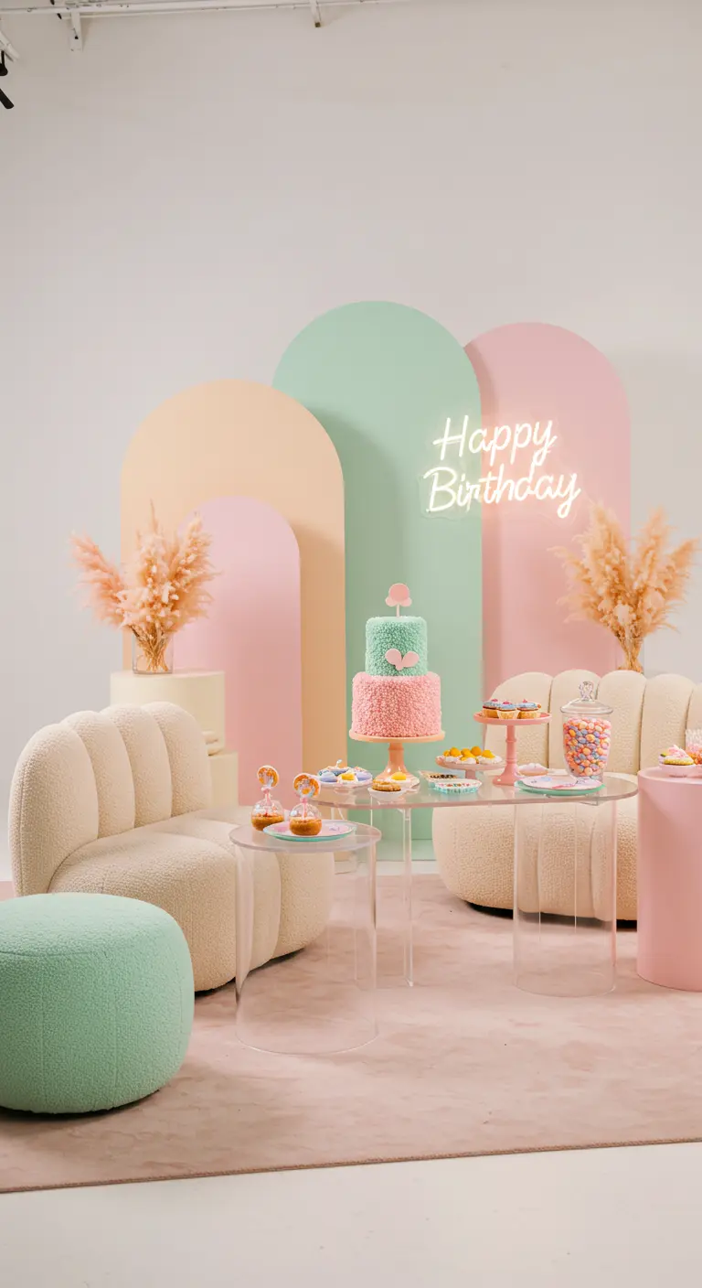 Décor de fête moderne avec des arches pastel, un néon et des fauteuils en bouclette.
