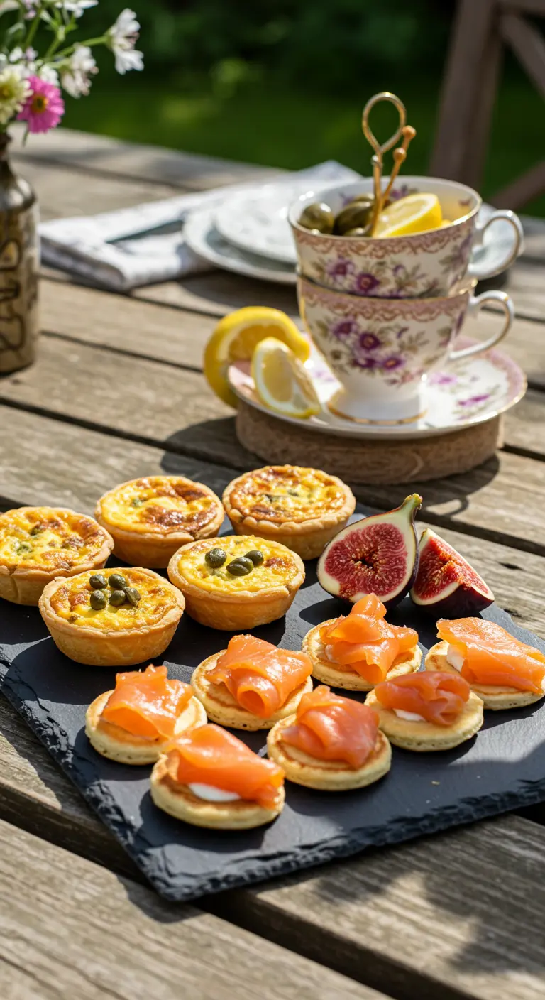 Mini-quiches et blinis au saumon présentés sur une ardoise sombre.