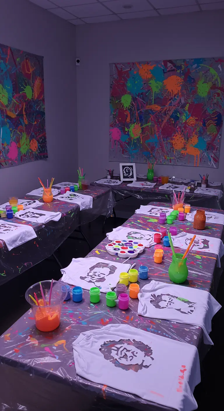 Atelier de peinture avec des tables couvertes d'éclaboussures fluo.