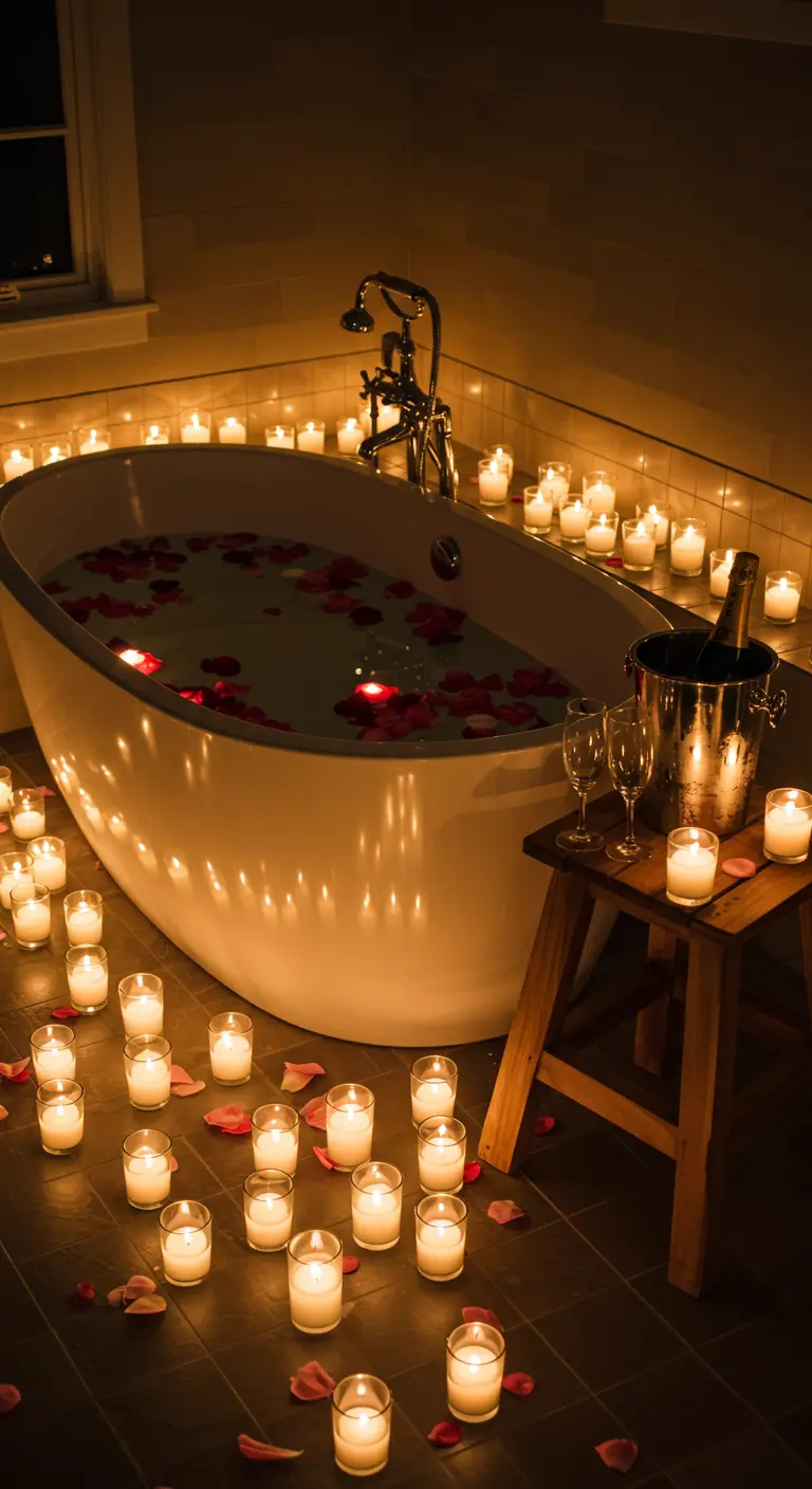 Une baignoire remplie de pétales de rose, entourée de dizaines de bougies allumées.