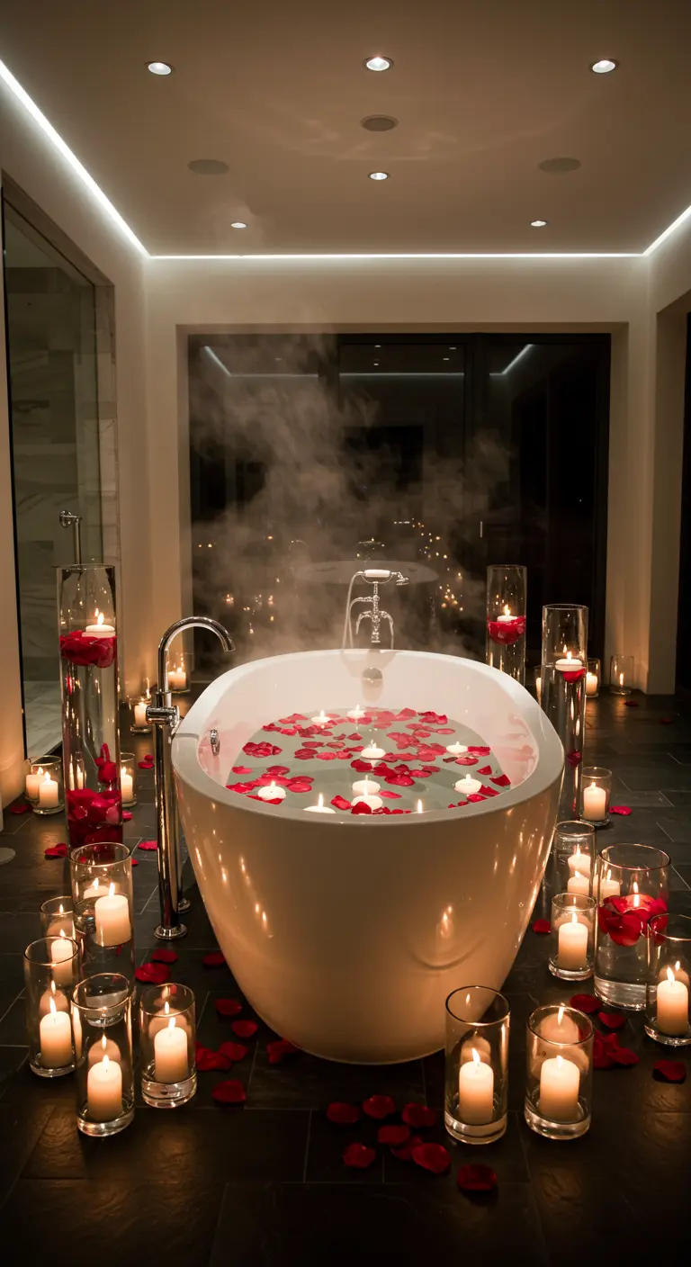 Baignoire luxueuse remplie de pétales de roses et entourée de bougies.