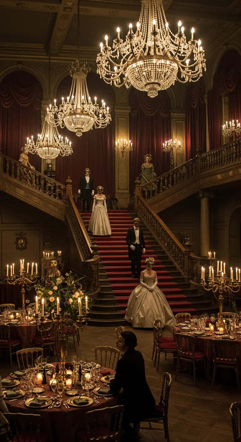 Bal masqué dans un manoir avec des lustres en cristal et un escalier majestueux.