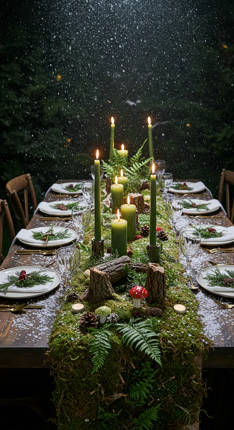 Table de Noël thème forêt avec mousse, fougères et bougies vertes.