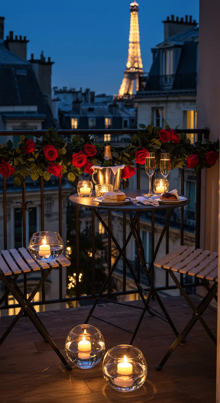 Balcon parisien avec vue sur la Tour Eiffel, décoré de roses et bougies.