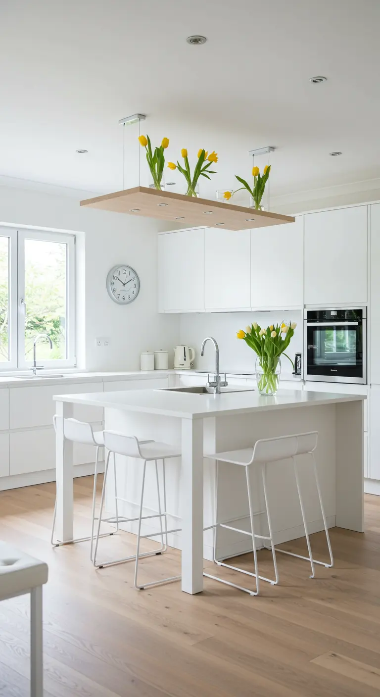Une structure en bois clair suspendue au-dessus d'un îlot de cuisine, avec des tulipes dans des vases.