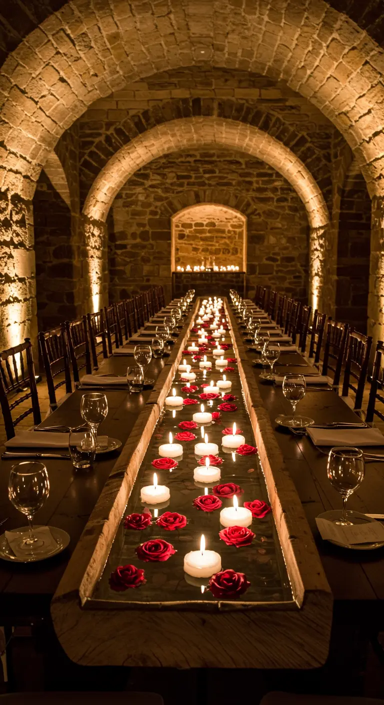 Longue table de banquet dans une cave voûtée, éclairée aux bougies.