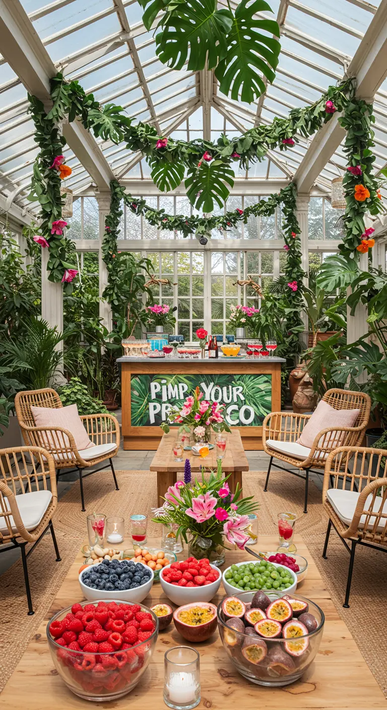 Bar à Prosecco tropical dans une serre, avec des bols de fruits frais.