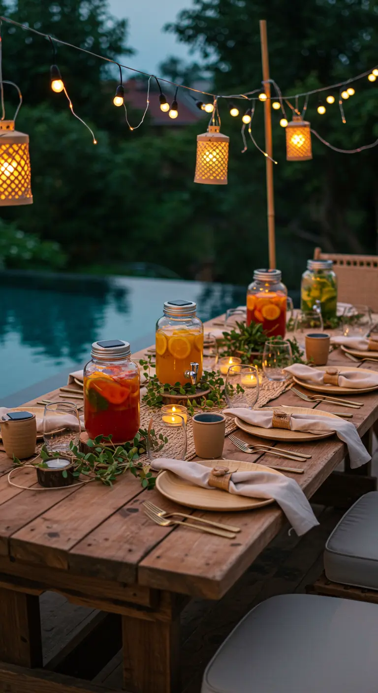 Table en bois avec plusieurs grandes bonbonnes en verre remplies de boissons fruitées.