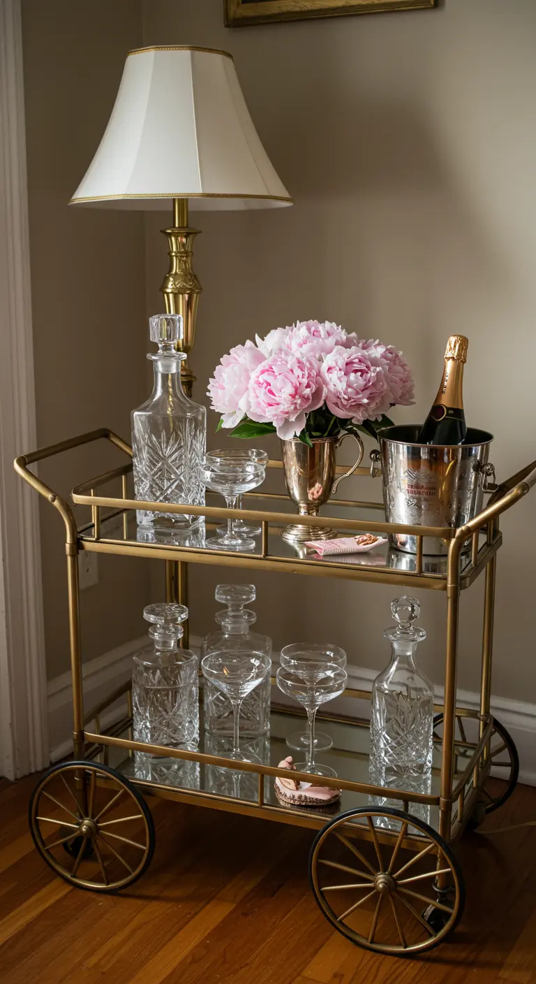 Une desserte dorée avec des carafes en cristal, du champagne et un bouquet de pivoines roses.