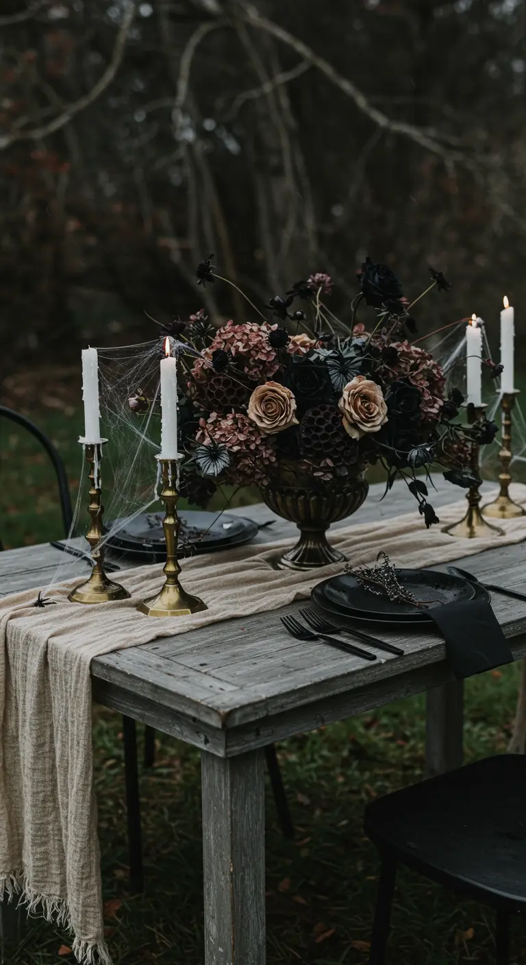 Table rustique avec un bouquet de fleurs séchées et des bougeoirs en laiton.