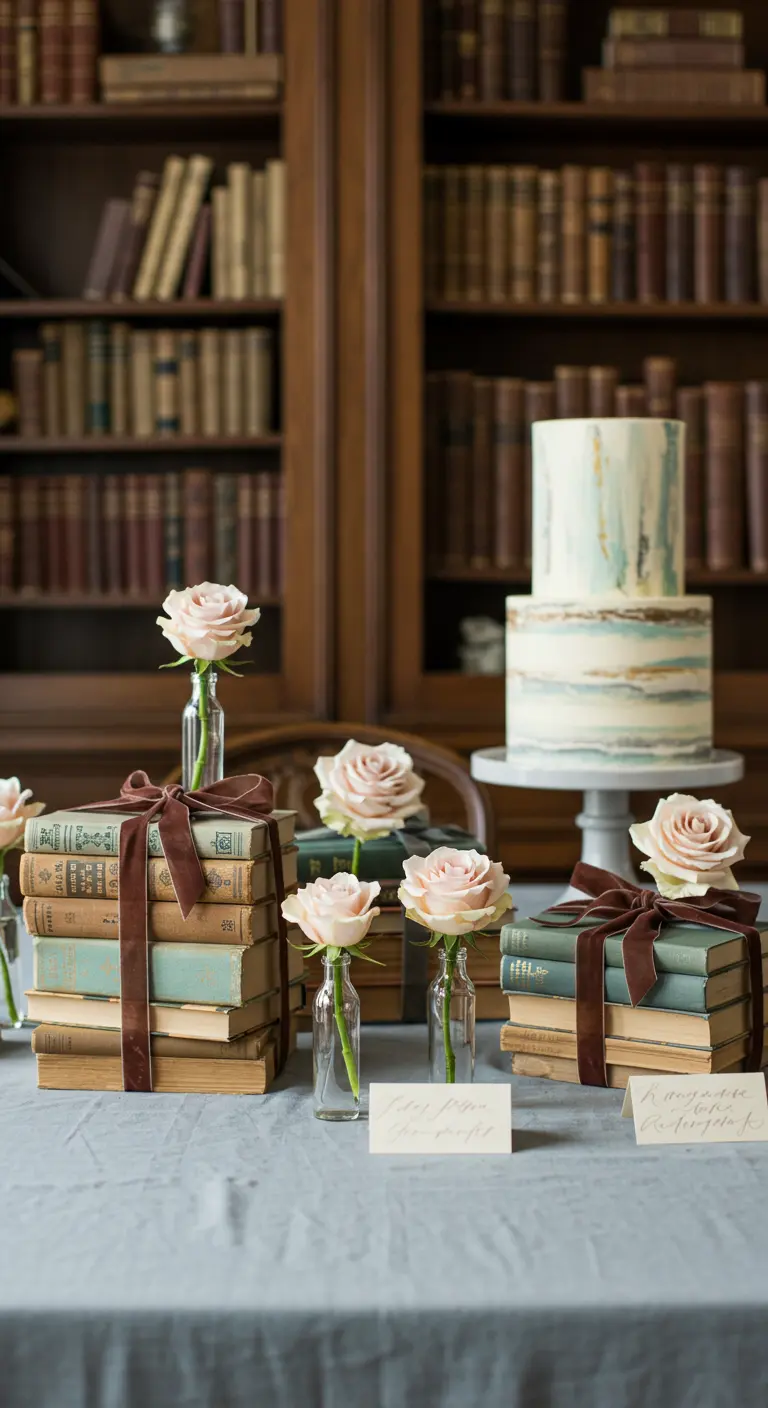 Table de fête décorée avec des piles de vieux livres, des rubans et des roses pâles.