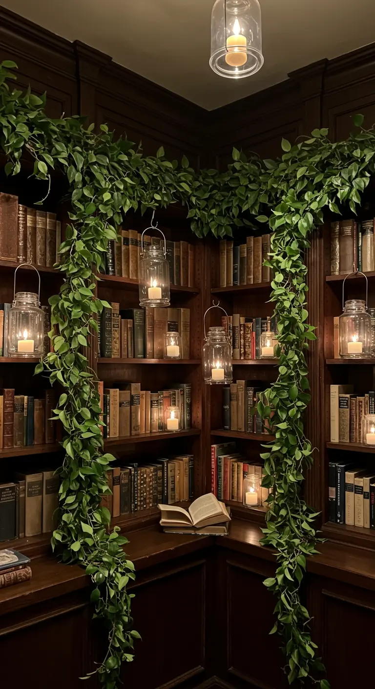 Coin bibliothèque en bois sombre décoré de guirlandes de lierre et de lanternes à bougies.