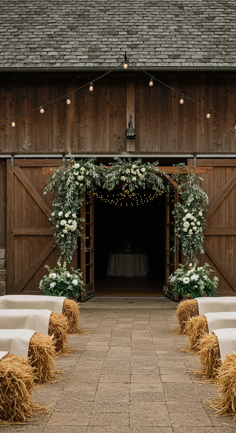 Arche florale rustique à l'entrée d'une grange en bois, décorée de guirlandes.