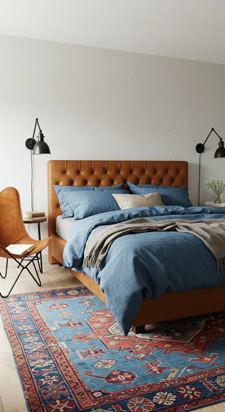 Chambre avec murs blancs, lit avec tête en cuir camel et parure de lit bleu denim.