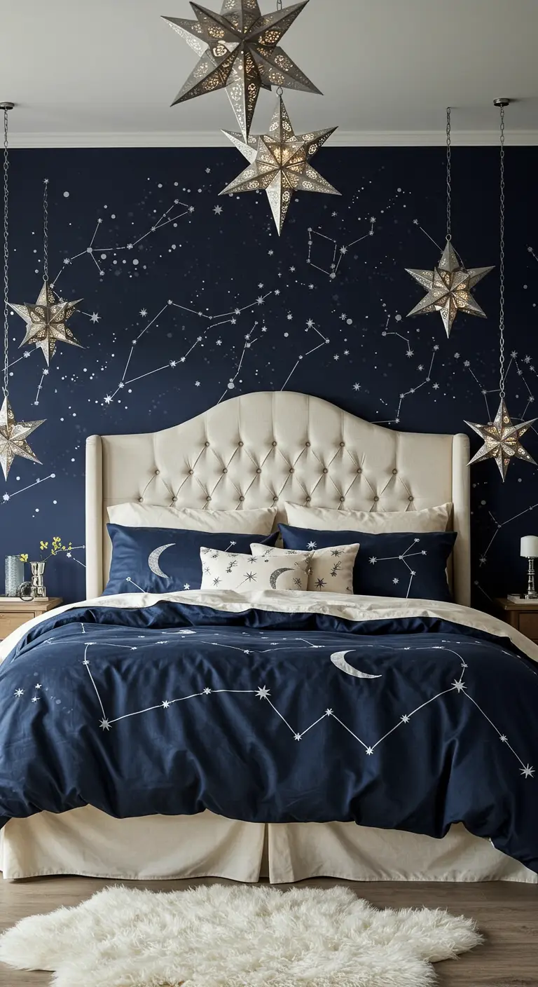 Chambre sur le thème de l'espace avec un mur bleu nuit à constellations et des étoiles suspendues.