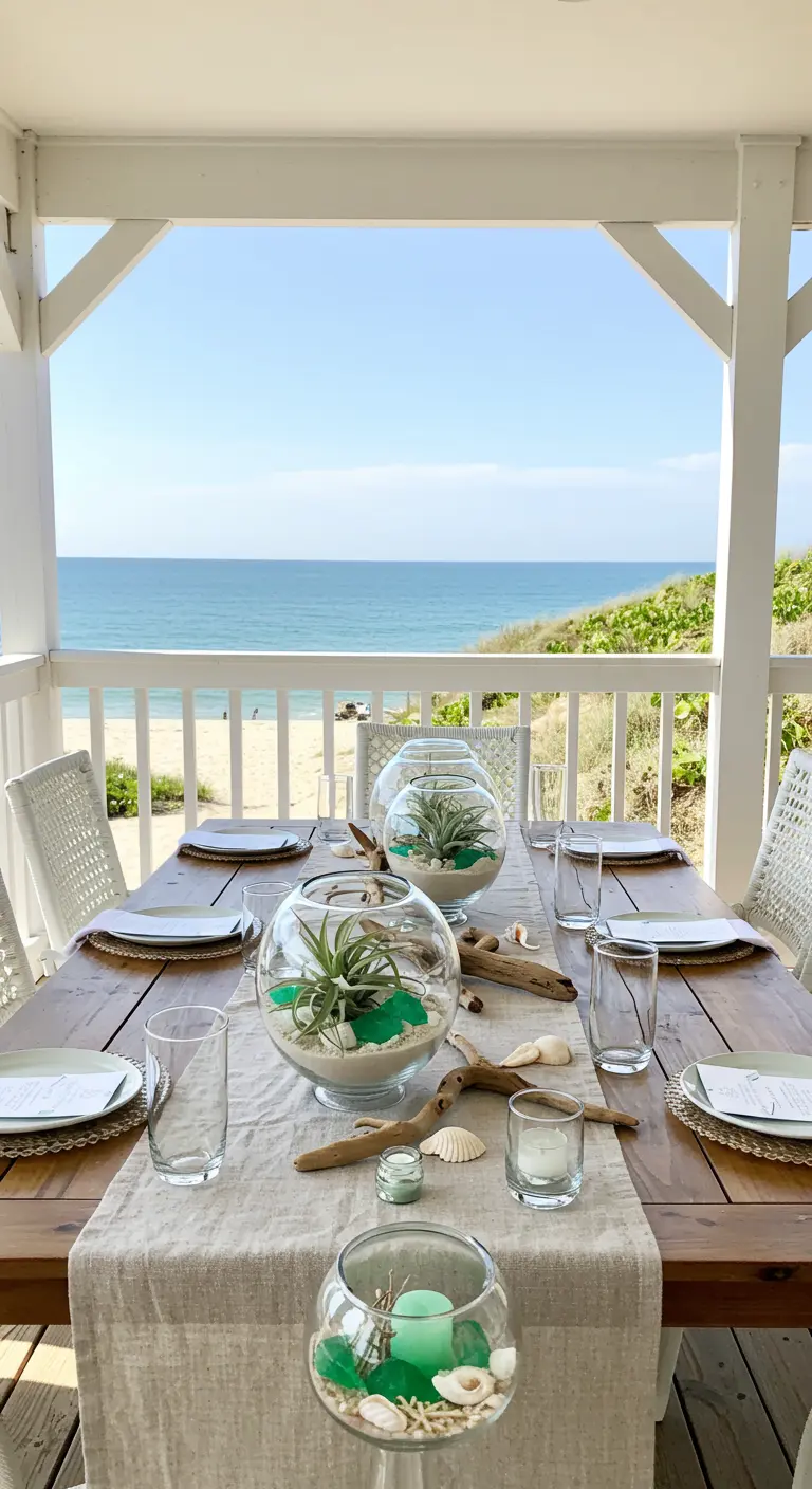 Table dressée sur une terrasse face à la mer avec des terrariums de plage en centre de table.
