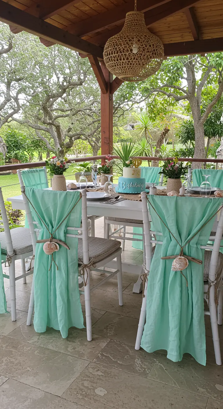 Chaises blanches avec drapé vert d'eau et coquillage.