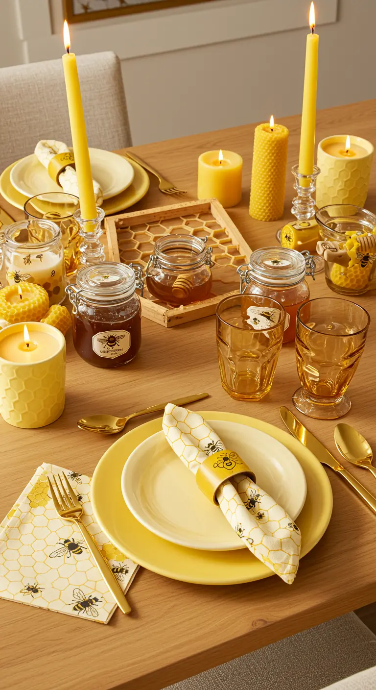 Table de brunch jaune sur le thème du miel avec des bougies en cire d'abeille.
