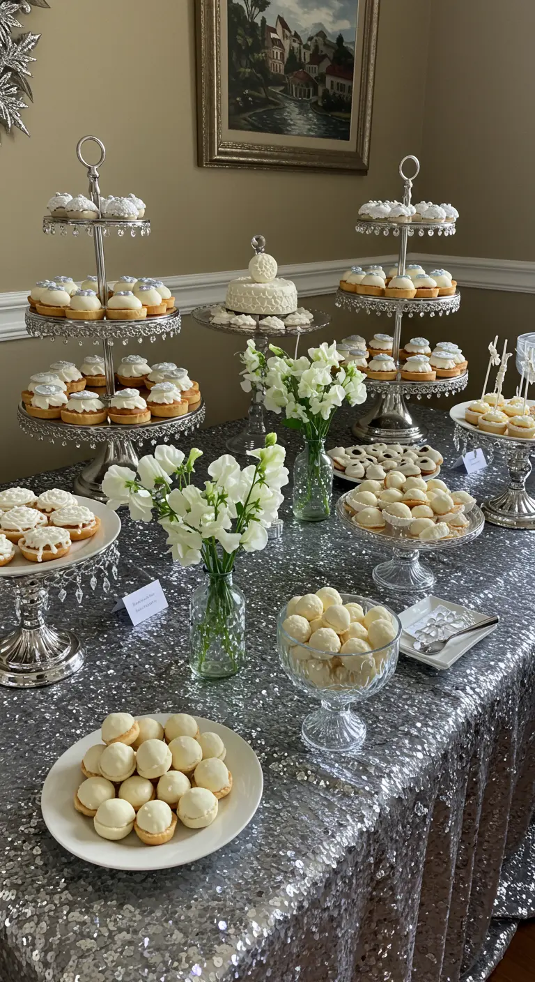 Buffet de desserts avec nappe à sequins argentés, gâteaux blancs et fleurs fraîches.