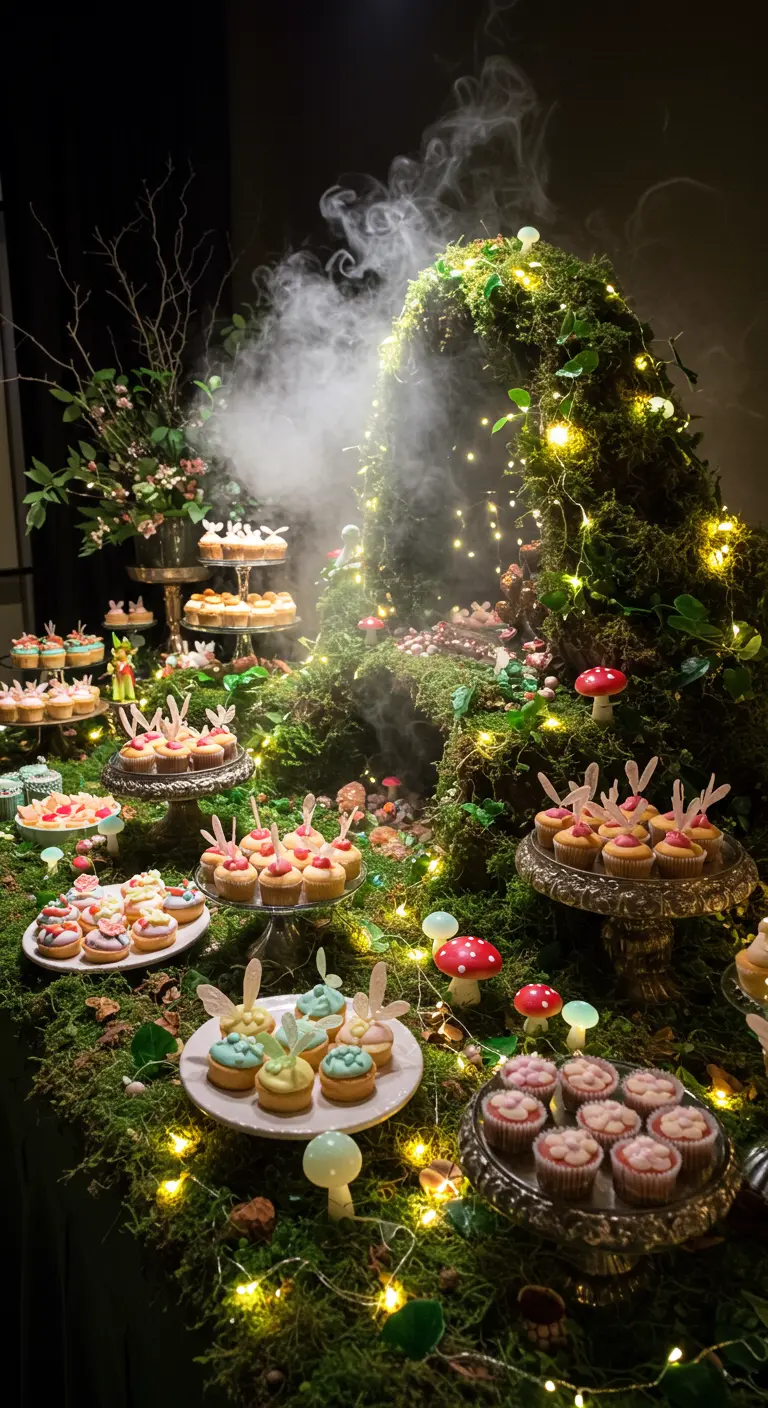 Buffet féerique avec mousse, champignons, lumières et fumée magique.