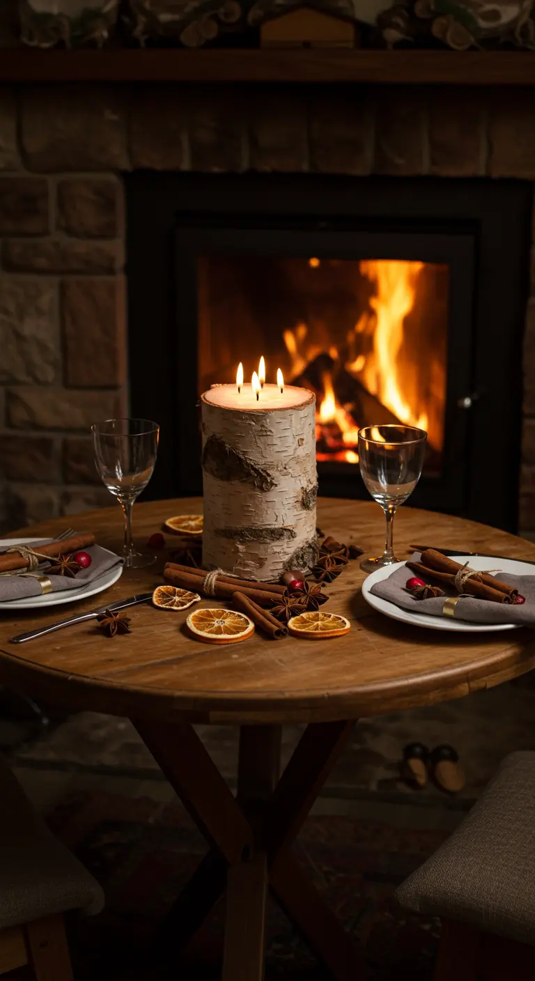 Centre de table pour deux avec un bougeoir en rondin de bouleau, entouré de cannelle et d'oranges séchées.