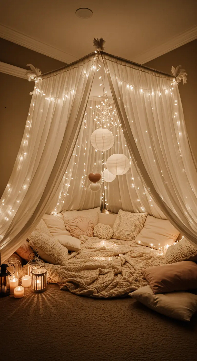 Un coin confortable aménagé sous un baldaquin de voilages et de guirlandes lumineuses.