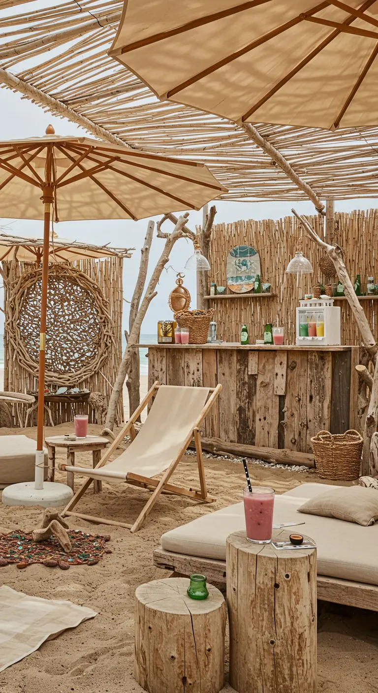 Ambiance de plage naturelle avec bar en bois flotté, mobilier en bois brut et paniers.