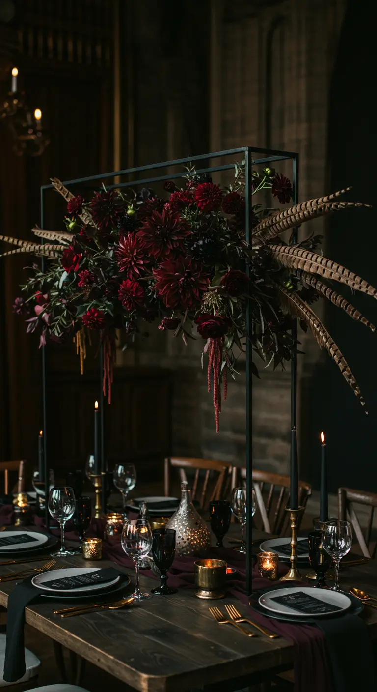 Centre de table surélevé avec des fleurs bordeaux et des plumes de faisan.