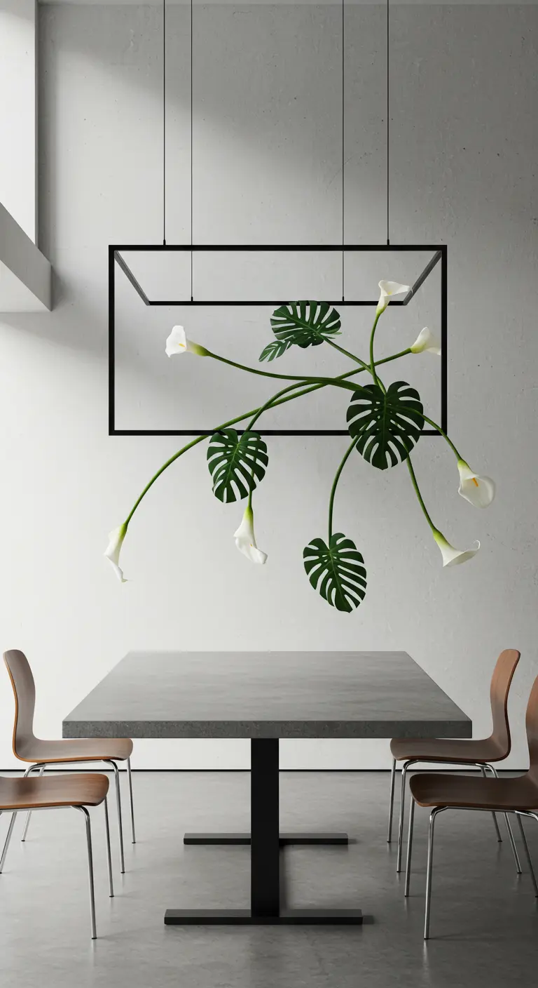Un cadre rectangulaire noir suspendu avec des arums blancs et des feuilles de monstera.