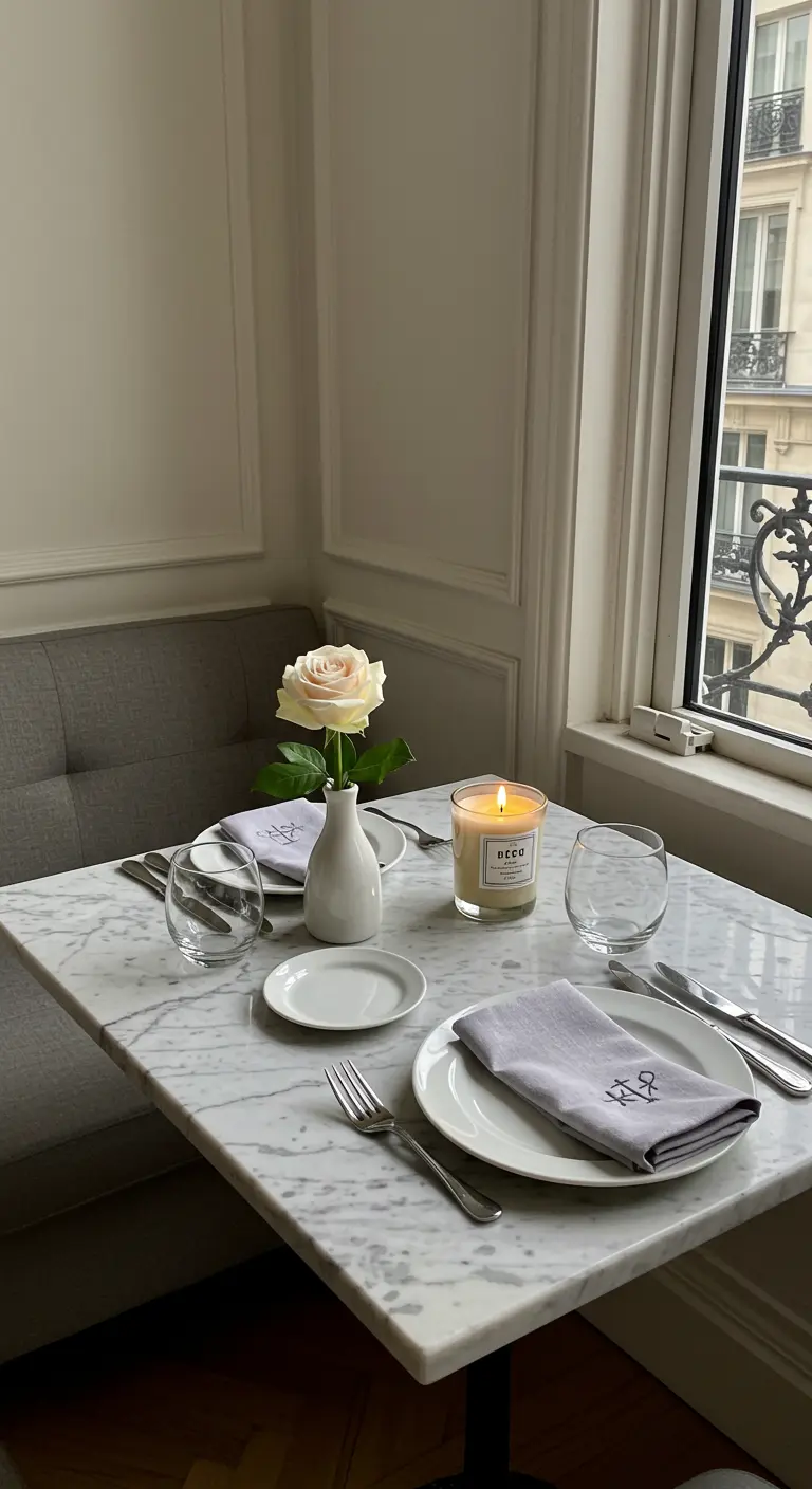 Table en marbre avec une bougie, une rose unique et des serviettes brodées.